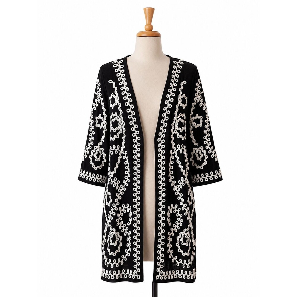 Once Again Duster Cardigan Jacket Long Size 1x Black White Embroidered Artsy